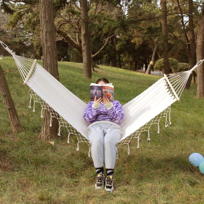 Brazilian Deluxe Cotton Fabric Hammock with Wood Spreader Bar and Fringed Macrame - INNO STAGE