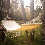 Brazilian Deluxe Cotton Fabric Hammock with Wood Spreader Bar and Fringed Macrame
