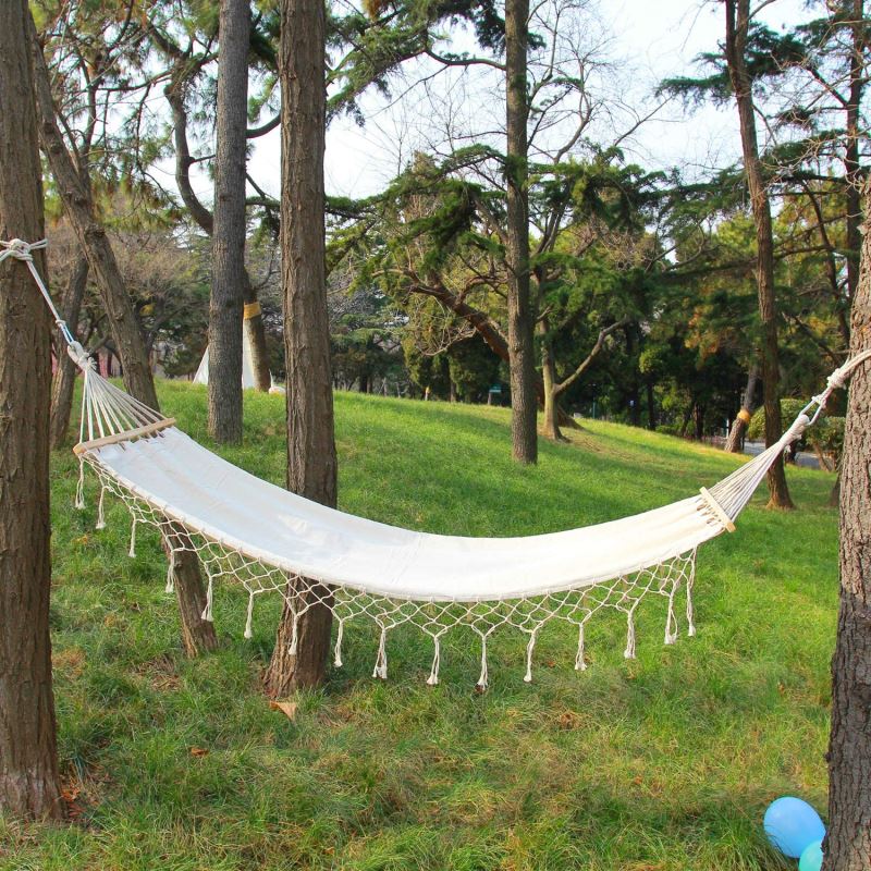 Brazilian Deluxe Cotton Fabric Hammock with Wood Spreader Bar and Fringed Macrame - INNO STAGE