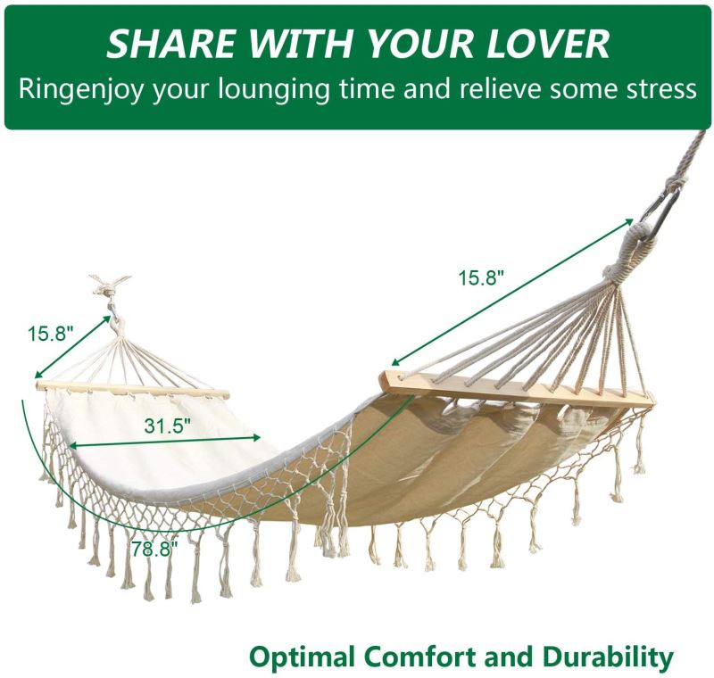 Brazilian Deluxe Cotton Fabric Hammock with Wood Spreader Bar and Fringed Macrame - INNO STAGE