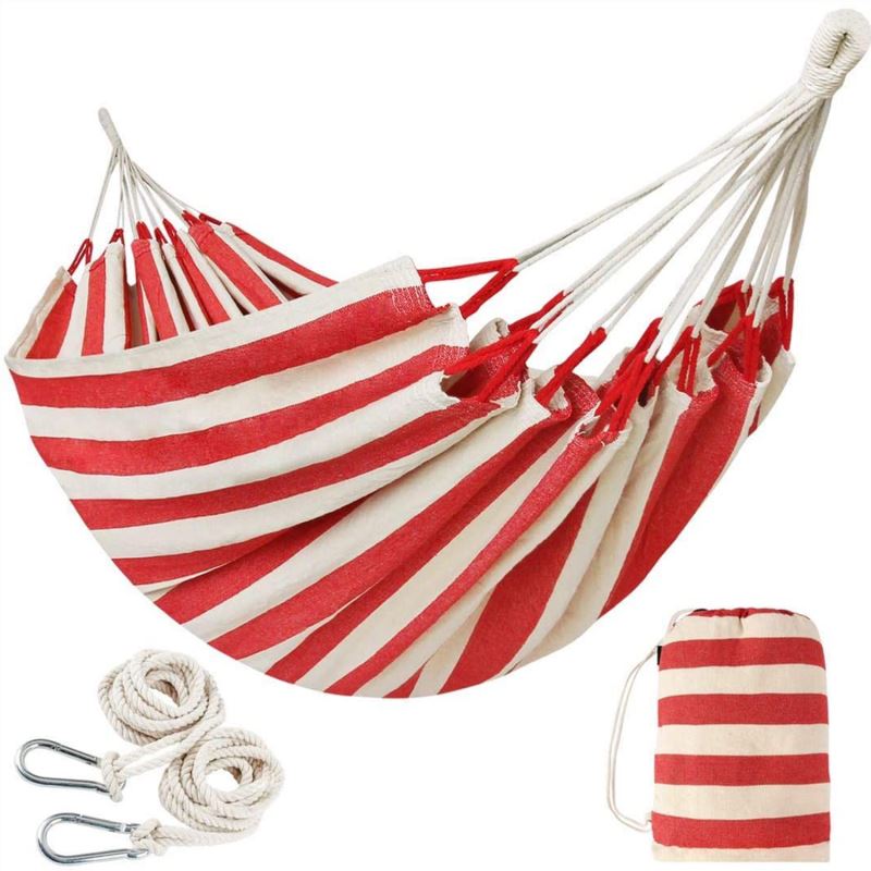 10FT Brazilian Double Hammock 2 Person Canvas Cotton Hammock with Carrying Bag - Red Stripe - INNO STAGE
