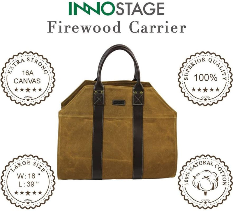 Firewood Log Carrier Tote Bag Waxed Canvas Fire Wood Carrying Hay Hauling Holder for Fireplace Stove Accessories Indoor Outdoor CampingCarrier (may arrive after Christmas) - INNO STAGE
