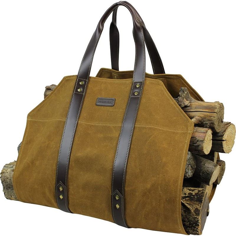 Canvas Firewood Log Carrier Bag, Waxed Durable Wood Tote of Fireplace Stove Accessories - INNO STAGE
