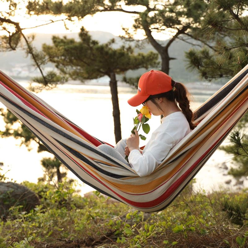 Double Size Cotton Hammock Woven Hammock Two Person Hanging Camping Bed for Patio Backyard Porch Outdoor and Indoor Use Color Stripe