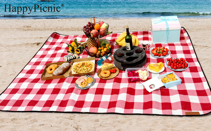 Waterproof Picnic Blanket 79" x 59" Soft Fleece Thick Beach Mat Red Check - INNO STAGE