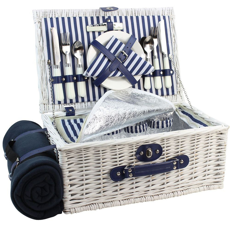 4 Person White Picnic Willow Hamper with Cooler Blue Stripe - INNO STAGE