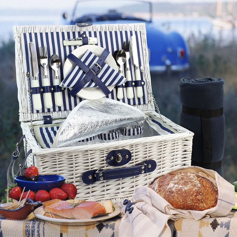 4 Person White Picnic Willow Hamper with Cooler Blue Stripe - INNO STAGE
