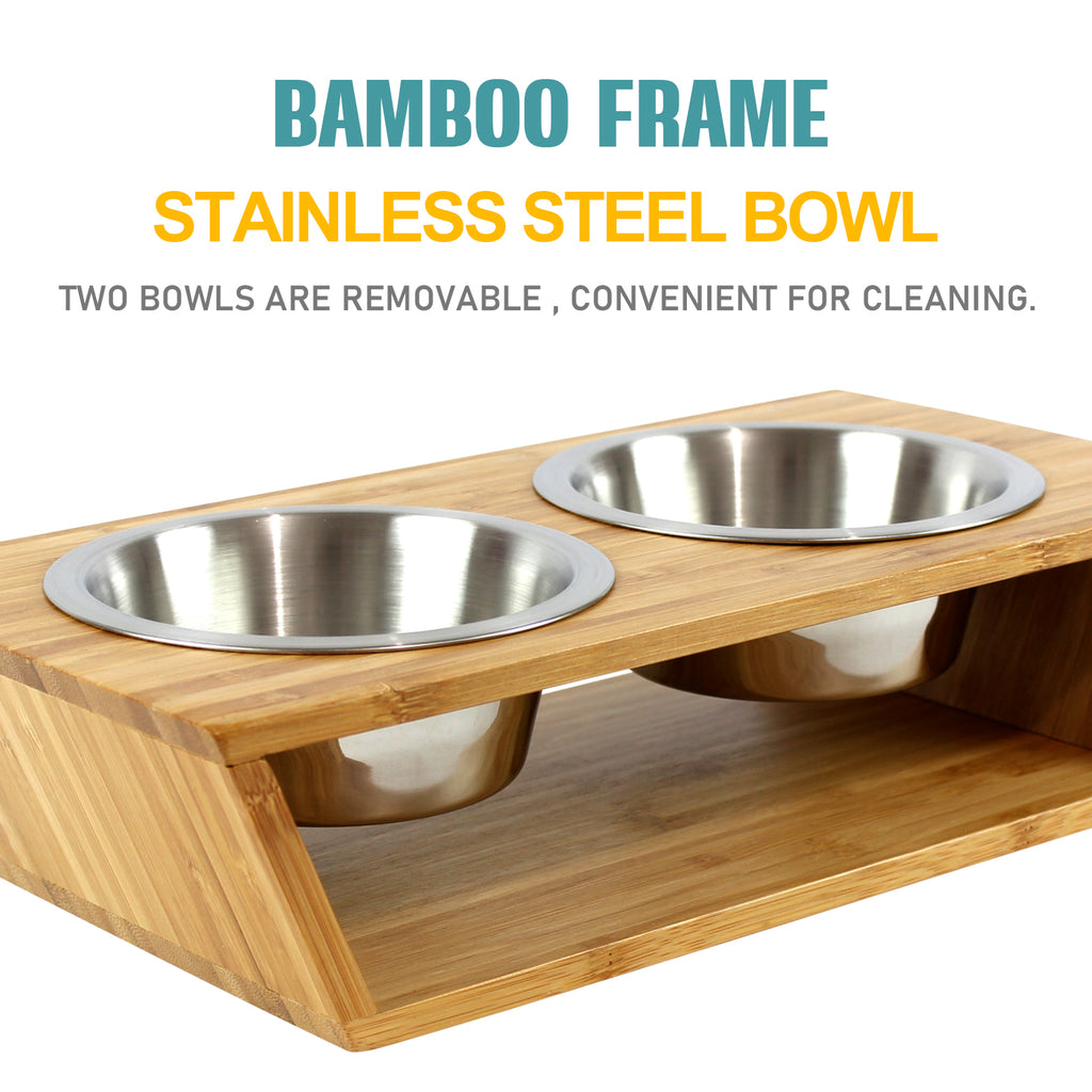 Balight Upgraded Elevated Dog Bowls For Small Size Dogs And Cats Adjustable  Bamboo Raised Dog Bowl Stand With Highly Absorbent Spill Proof Mat And 2  Stainless Steel Pet Dog Puppy Food Water