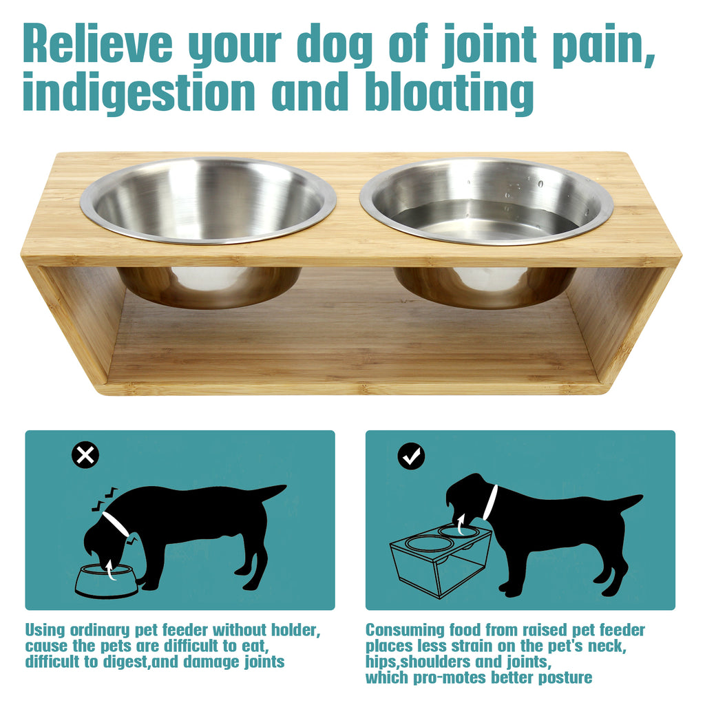 Elevated Dog Bowls, Adjustable Raised Dog Bowl Stand Feeder for Small Size Dogs and Cats, Durable Bamboo Dog Food Bowl Stand with 2 Stainless Steel