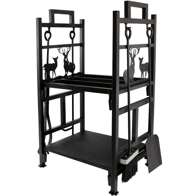 Firewood Rack Fireplce Firepit Tools Set Wood Log Holder for Fire Place Outdoor Indoor Accessories-2 Layer Iron with Brush, Shovel, Tong, Hook - INNO STAGE