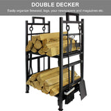 Firewood Rack Fireplce Firepit Tools Set Wood Log Holder for Fire Place Outdoor Indoor Accessories-2 Layer Iron with Brush, Shovel, Tong, Hook - INNO STAGE
